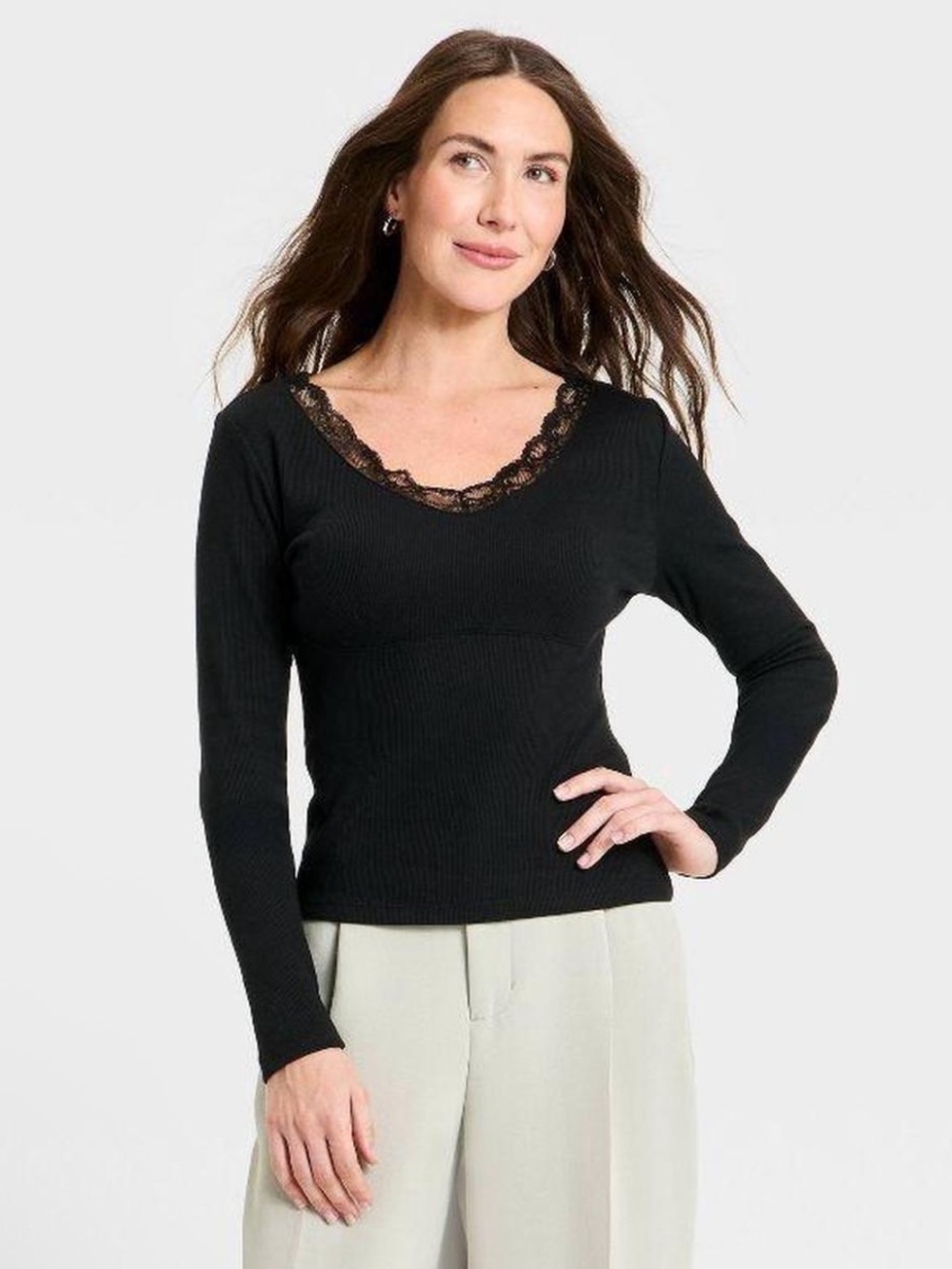 Black Lace-Trim Long Sleeve V-Neck Top